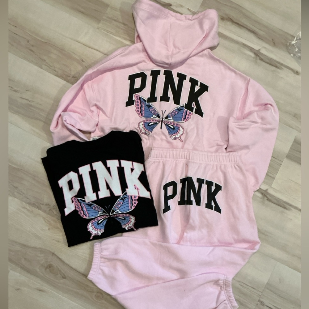 NEW VICTORIAS SECRET PINK HOODIE & PANTS LIMITED ED. XS BUTTERFLY SHIPS NOW